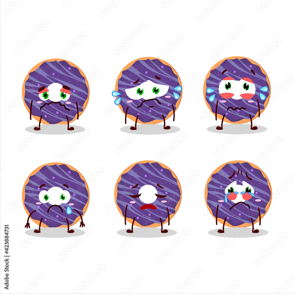 Blueberry donut cartoon character with sad expression