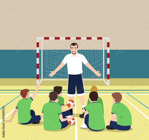 A vector illustration of players in locker room listening to coach talking