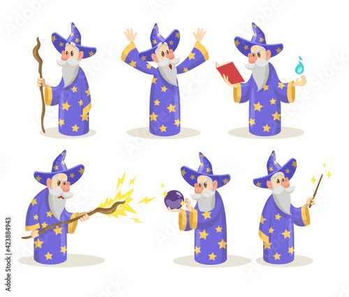 Old and wise magician with wand, crystal ball spelling. Cartoon characters of wizard, sorcerer, mage or warlock in various poses. Vector illustration set for magic, fairytale and witchcraft concept