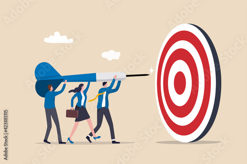 Team business goal, teamwork collaboration to achieve target, coworkers or colleagues with same mission and challenge concept, businessman and woman people help holding dart aiming on bullseye target.