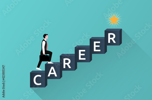 Businessman walking on cubes with text career symbol to reach shiny star. Career growth and development concept vector illustration.