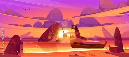 Sunset landscape of sea beach, boat and island in water with pirate flag and shovel. Vector cartoon illustration of ocean shore with wooden ship, black flag with skull, stones and red sky at evening