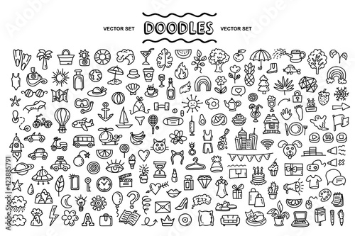 Vector hand drawn set of isolated doodles on the theme travel  tourism  space  fashion  fruits  food  job  nature  transport  business  holidays. Hand drawn icons for use in design