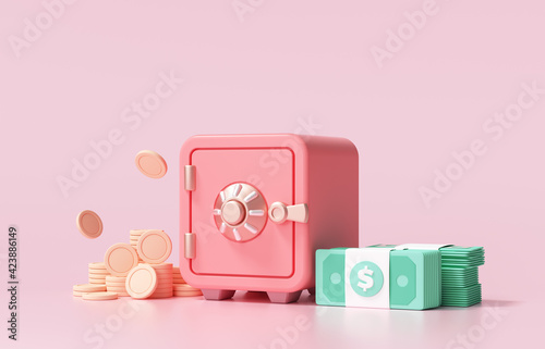 Red Safe box with bitcoin cryptocurrency coins and stacks of dollar cash font view on pink background. 3d render illustration