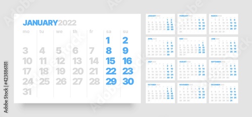 Monthly calendar for 2022 year. Week Starts on Monday.