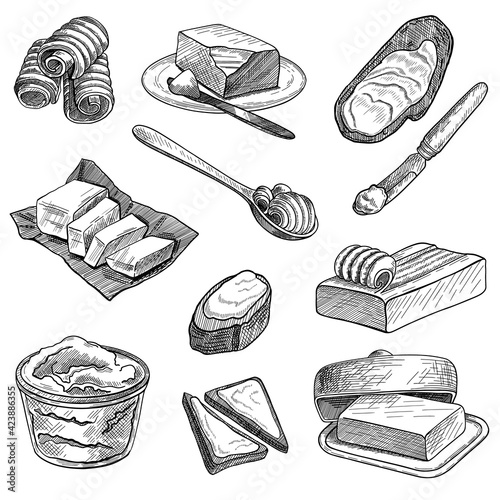 Hand drawn sketch of butter illustrations set. Engraved blocks of butter, curls, swirls, bread spread, margarine isolated on white background. Breakfast, culinary elements, dairy product concept