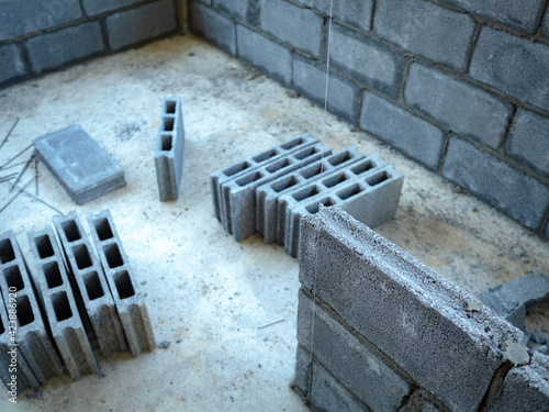 Selective Focus. Concrete block wall form work commonly hollow concrete block. It used economical building material for a wide variety of construction applications in many residential