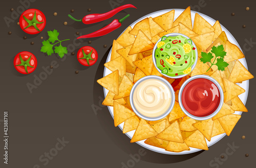 Dish with nacho chips and sauces in bowls, mexican food with dressings. Vector cartoon background with corn tortilla triangle chips on plate with salsa, ketchup, mayonnaise and guacamole