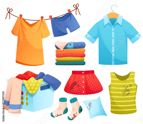 Clean and dirty clothes, laundry, washed linen pile, stained dress in basket, socks, skirt and undershirt with spots, t-shirt and panties drying on rope, shirt on hanger, Cartoon vector icons set