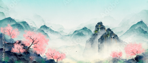 Mountain forest with peach blossoms in spring and summer. Oriental ink landscape painting. © oliverzs