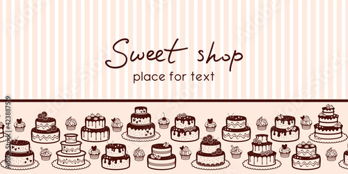 Horizontal banner with a border of cakes, muffins and place for text on a pale pink striped background. Vector design template for sweet shop, pastry shop, confectionery, bakery, packaging and wrapper