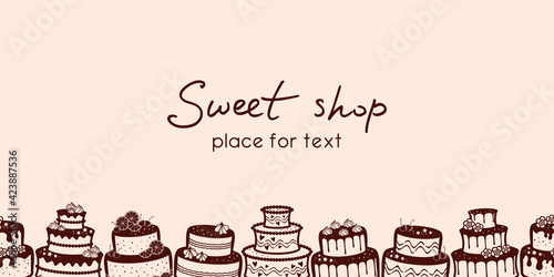 Pale pink background with a border of wedding and birthday cakes and place for text. Vector design template for sweet shop, pastry shop, confectionery, bakery, packaging, wrapper, banner and  poster