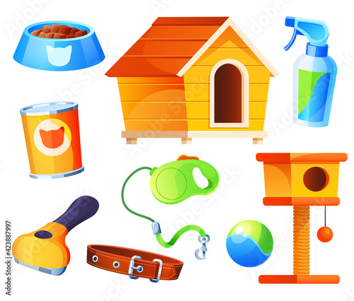 Set for pet shop comb, bowl and leash, collar and food for domestic animals. Store accessories, cat and dog houses, toys, petshop supermarket items isolated on white background Cartoon vector icons