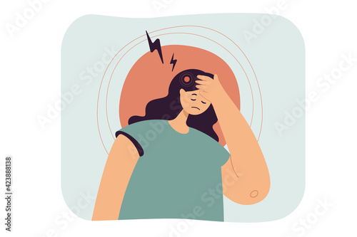 Sad woman suffering from headache. Tired female with migraine, pain, stress from work flat vector illustration. Headache, burnout, health problem concept for banner, website design or landing web page