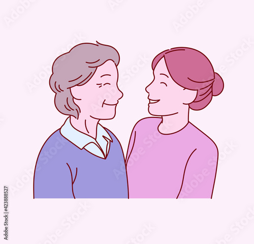 The old mother and the young daughter are standing face to face. hand drawn style vector design illustrations. 