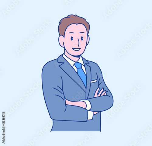 A male office worker is standing in a confident pose. hand drawn style vector design illustrations. 
