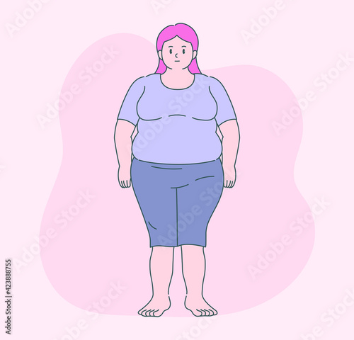 A fat woman is standing.  hand drawn style vector design illustrations. 