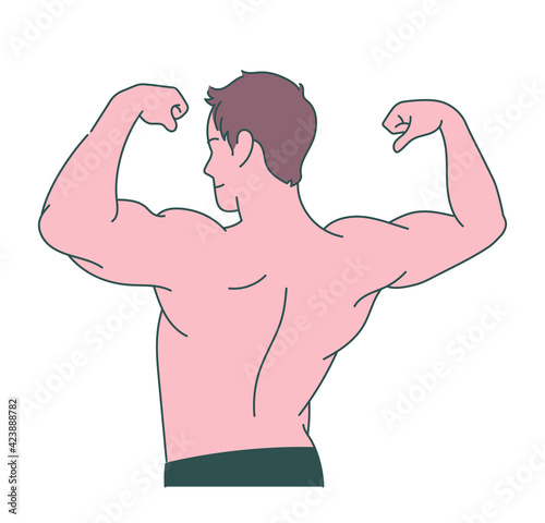 A man is raising his muscular arm. hand drawn style vector design illustrations. 