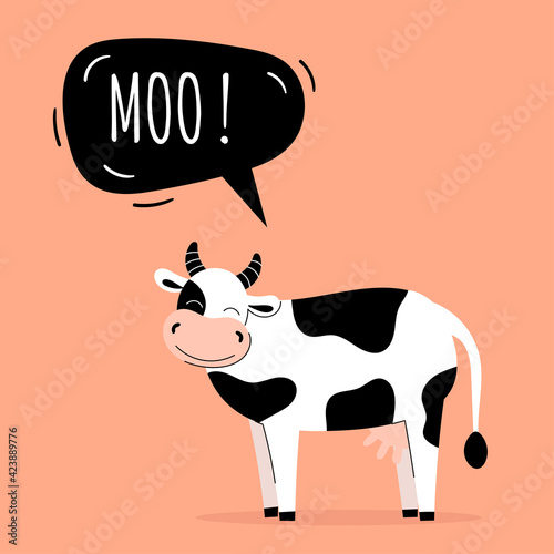 A cute cow says moo. Farm animals. Speech bubble, children's cards, children's teaching. Flat vector illustration