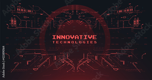 HUD interface backdrop. Cyberpunk Sci-fi illustration. Red Futuristic VR display. Head-up screen for games and apps. High tech frame. Cyberspace Virtual reality in HUD style. Abstract tech Space.