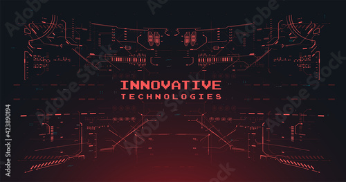 Futuristic abstract technology Template. Cyberspace Virtual reality in HUD style. Abstract tech Space. High tech frame. Cyberpunk Sci-fi illustration. Head-up screen for games and apps.