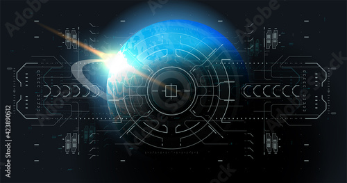 Head-up User Interface. Dashboard spaceship in HUD Style. Modern background with Tech elements. Abstract technology communication. Vector high-tech Template. Science fiction Illustration.