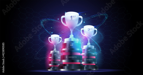 Trophy cup. Abstract vector 3d trophy. Champions award on futuristic background. esports victory concept.