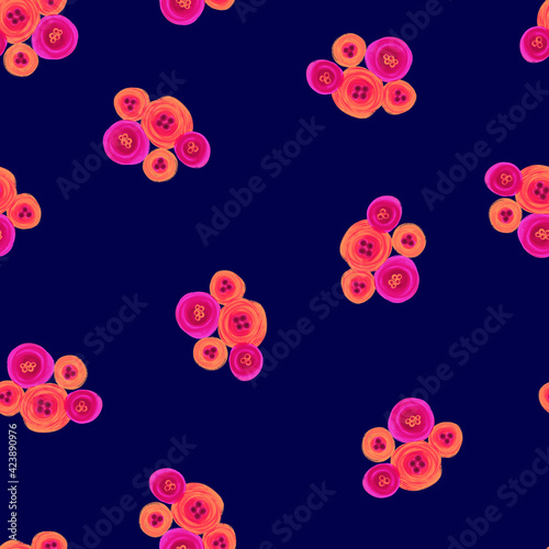 Abstract pink orange painted flowers on blue seamless background. Floral repeating pattern. Modern Ditsy print. Seamless texture. Surface pattern design for textile, fashion, fabric, wallpaper, decor