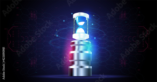 Hourglass. Glowing neon sign. Vector illustration in concept time. Sandglass on dark blue background with futuristic elements. Abstract Futuristic Technology Background.