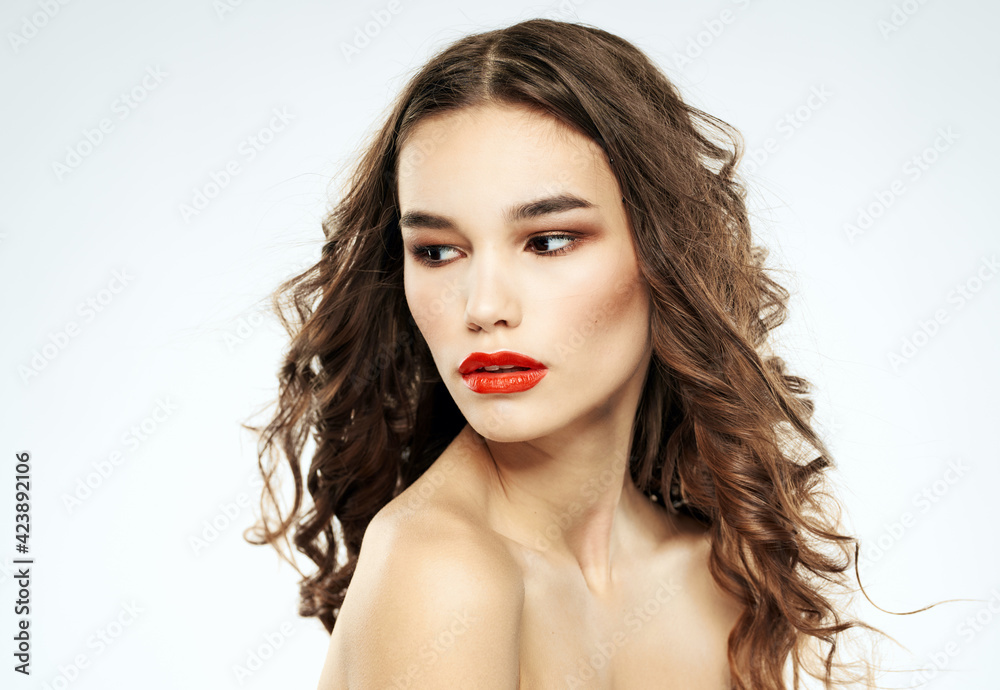 romantic woman with beautiful hairstyle and makeup red lips romantic woman with beautiful hairstyle and makeup red lips