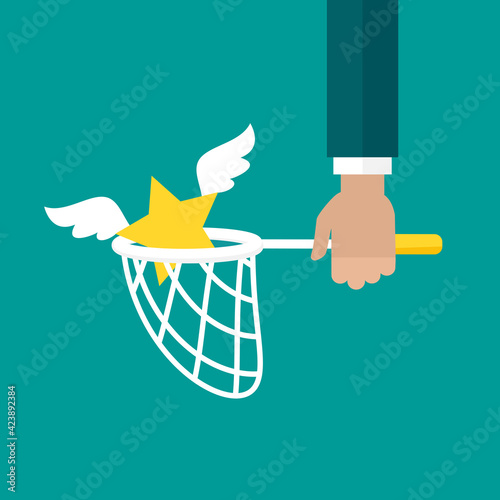 Businessman hand holds butterfly net with star. Catch, hunt, chase symbol.