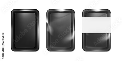 Black empty food container isolated on white background, realistic vector mock-up. Tray box package for fresh and frozen food products, template