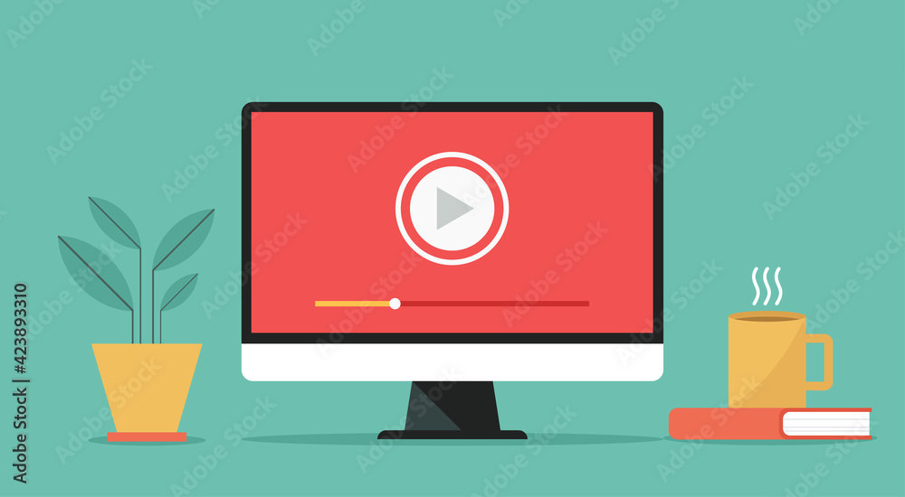 video player icon on computer, concept of webinar, business online training, education or e-learning and video tutorial, vector flat design illustration - obrazy, fototapety, plakaty 