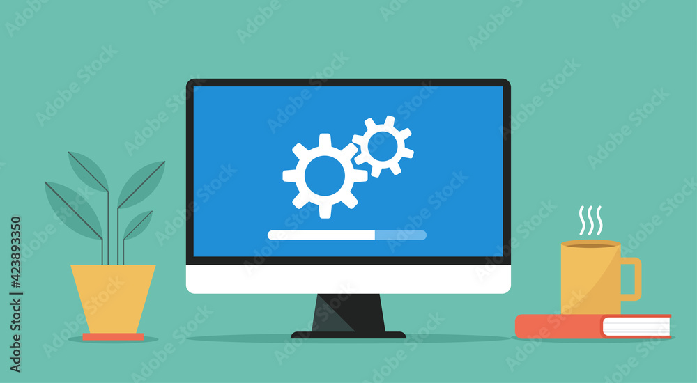 computer with software system update and development concept, vector flat design illustration computer with software system update and development concept, vector flat design illustration