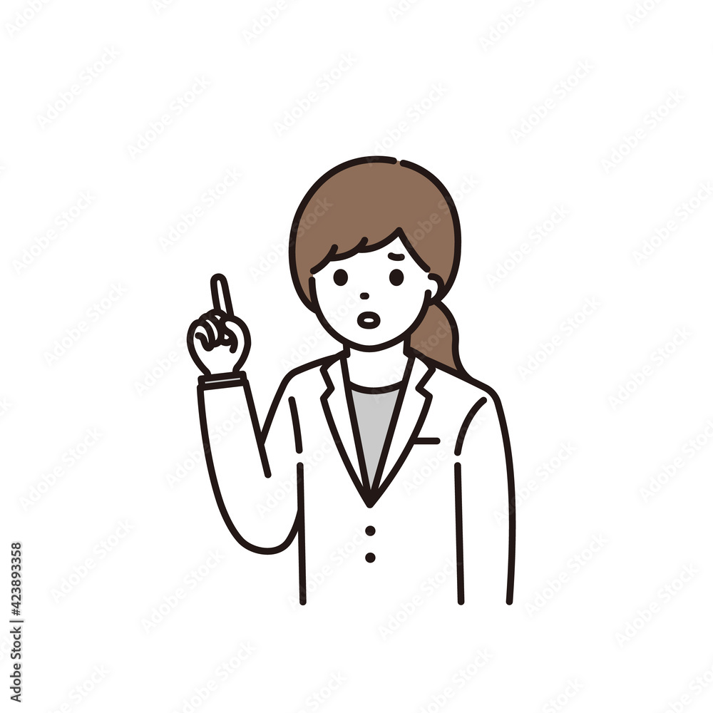 困った顔で指差しをする女性薬剤師のイラスト