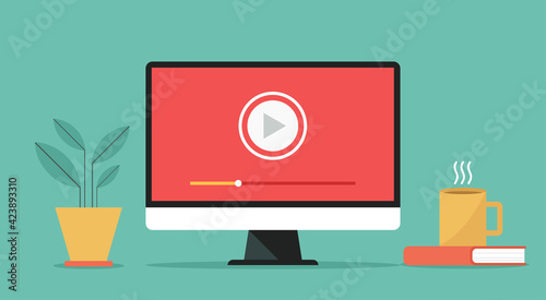 video player icon on computer, concept of webinar, business online training, education or e-learning and video tutorial, vector flat design illustration