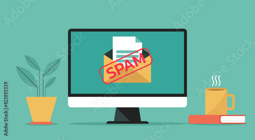 letter with email spam warning appear on computer screen, concept of virus malware software, piracy hacking and security, vector flat design illustration