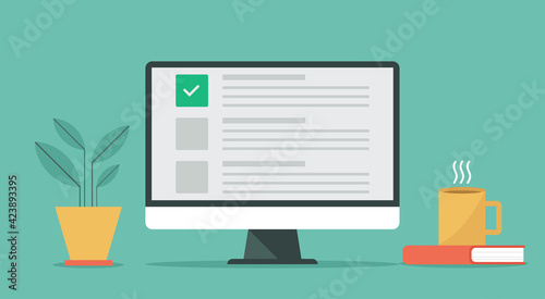online quiz and exam concept on computer screen, vector flat design illustration