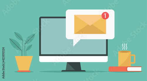 new email notification on computer display screen concept, vector flat design illustration