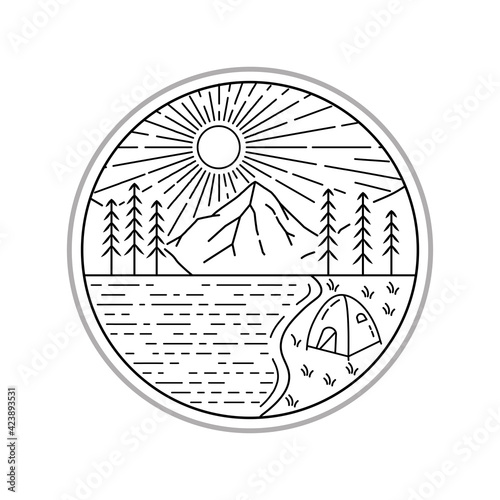camping in the beautiful lake with bonfire in mono line art, badge patch pin graphic illustration, vector art t-shirt design