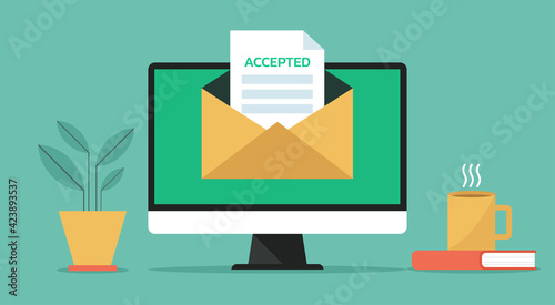 email accepted on computer screen concept with letter and paper document, vector flat design illustration