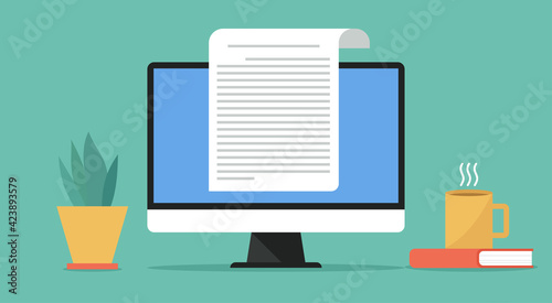 online electronic document concept, paper sheet or journal on computer, vector flat design illustration