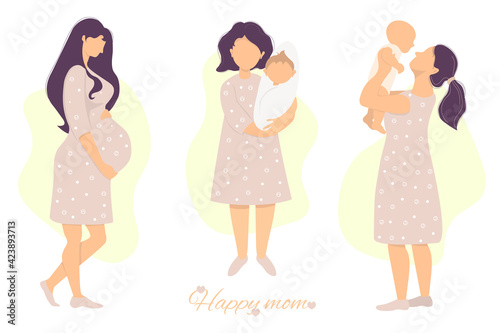 Vector set of Motherhood and Pregnancy. Happy pregnant woman stroking her belly with her hands, and cute Happy om with a newborn baby in her arms. flat illustration. isolated