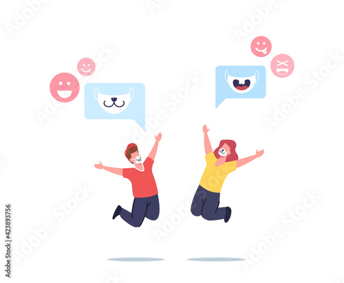 Happy Children Characters in Funny Face Masks with Animal Muzzles Print Jump with Raised Hands. New Normals of Life