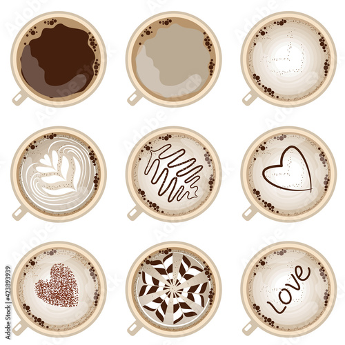 Set with different sorts of coffee in white cups. Illustration on white background can be used for cafe menu and food projects.