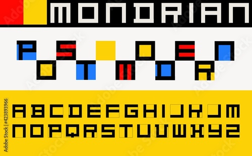 Postmodern decorative alphabet, mondrian style font. Vector