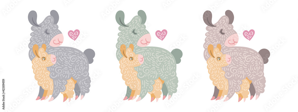 Fototapeta premium Set of cute curly llamas mom with baby. Vector illustration in different colors for coloring pages, children and adult prints, Mother Day
