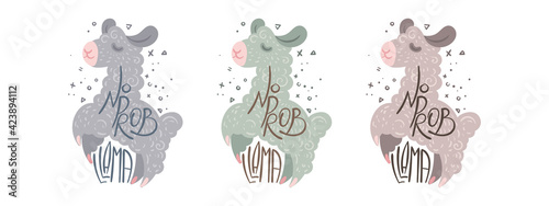 No Prob Llama. Set of cute curly llamas with lettering. Vector illustration for coloring pages, children prints and publications