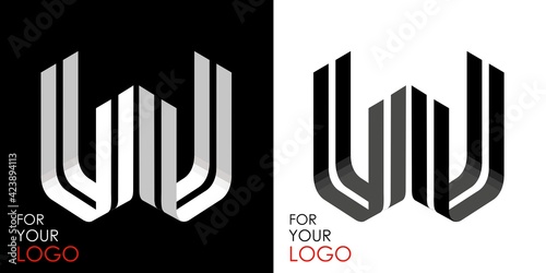 Isometric letter U in two perspectives. From stripes, lines. Template for creating logos, emblems, monograms. Black and white options. 3D art symbol. Vector illustration. Other letters in my portfolio