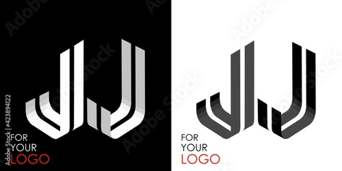 Isometric letter J in two perspectives. From stripes, lines. Template for creating logos, emblems, monograms. Black and white options. 3D art symbol. Vector illustration. Other letters in my portfolio